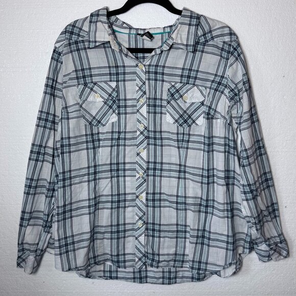 Torrid Womens Plus 2X Plaid White Blue Button Front Roll Tab Long Sleeve Shirt - Picture 1 of 13
